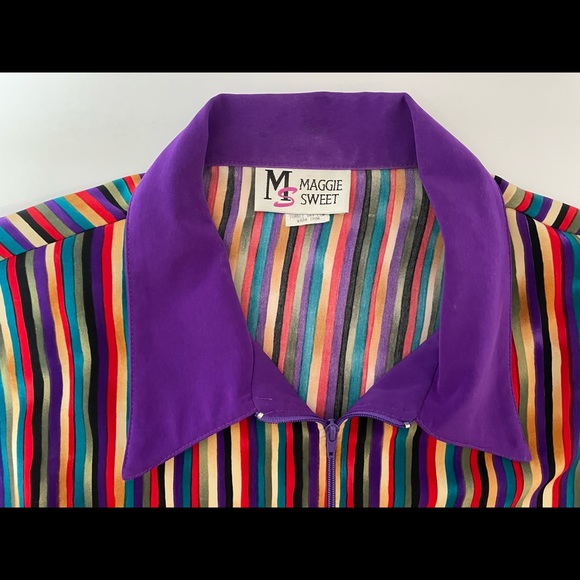 MS Maggie Sweet Zip Up Front Blouse Purple Stripe Elastic Waist Size Large - Picture 5 of 12